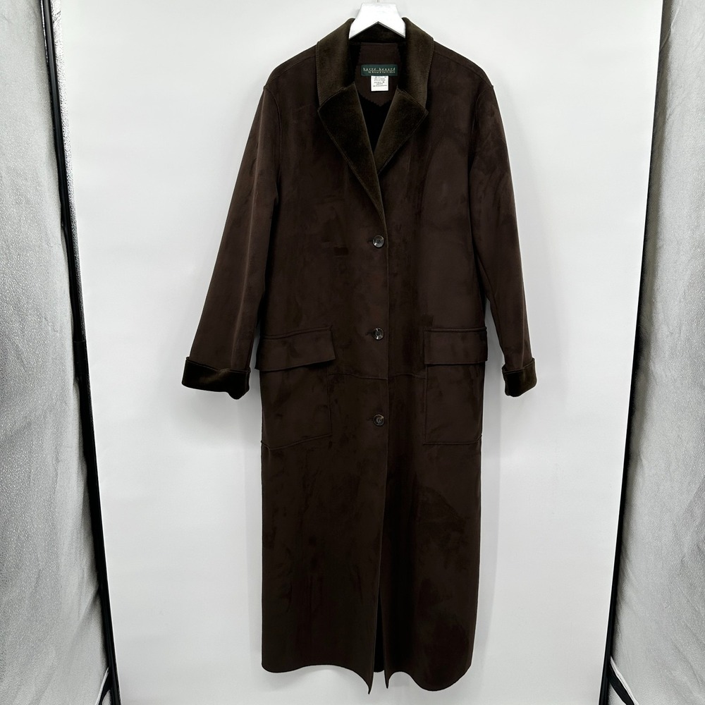 Vintage Harve Benard Maxi Coat Women Size 16 Faux Suede Old Money Neutral Forest